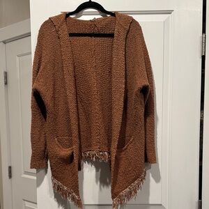 Free People Brown Hooded Cardigan with Fringe
